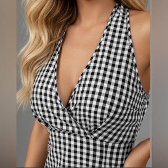 Gingham Print Backless Halter Neck Dress - Picture 2 of 6